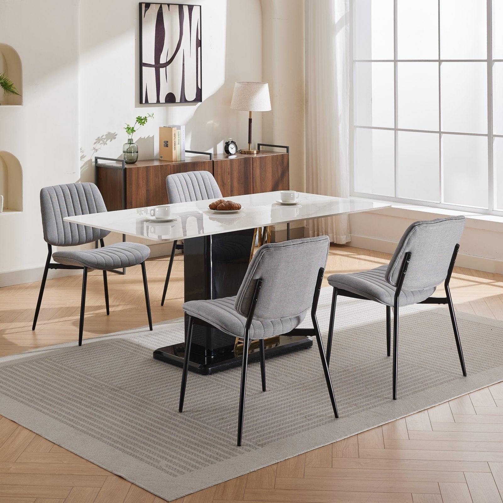 2-piece retro linen chair set with curved wooden backrest, cushioned seat, adjustable metal legs, (gray linen)