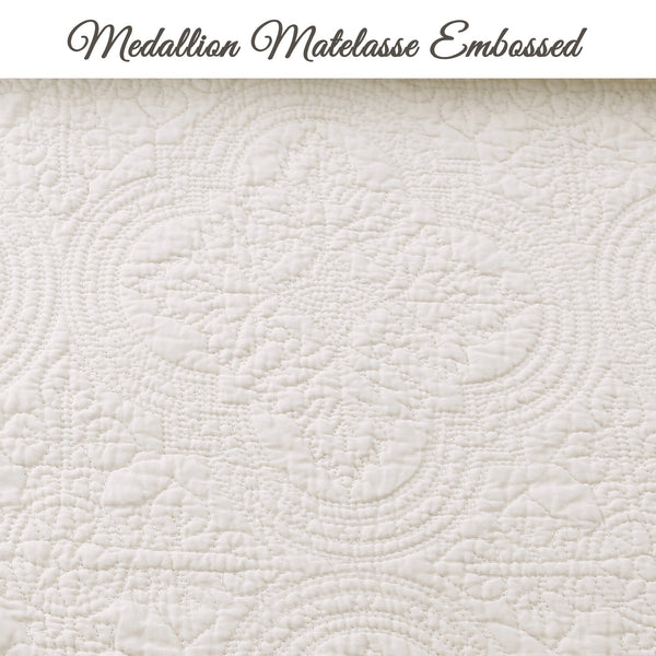 Serenity Ivory Victorian Scalloped Medallion Floral Pure Solid Cotton Reversible Quilt  Bedding Set