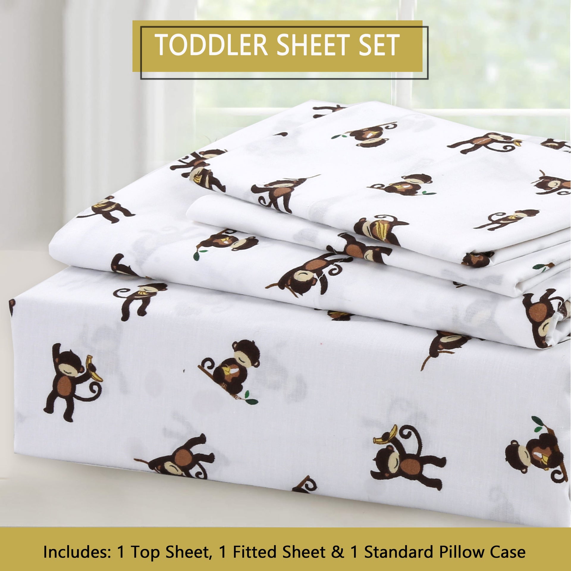 3-Piece Crib/Toddler Cotton Sheet Set White Brown Monkey Around Jungle Bananas