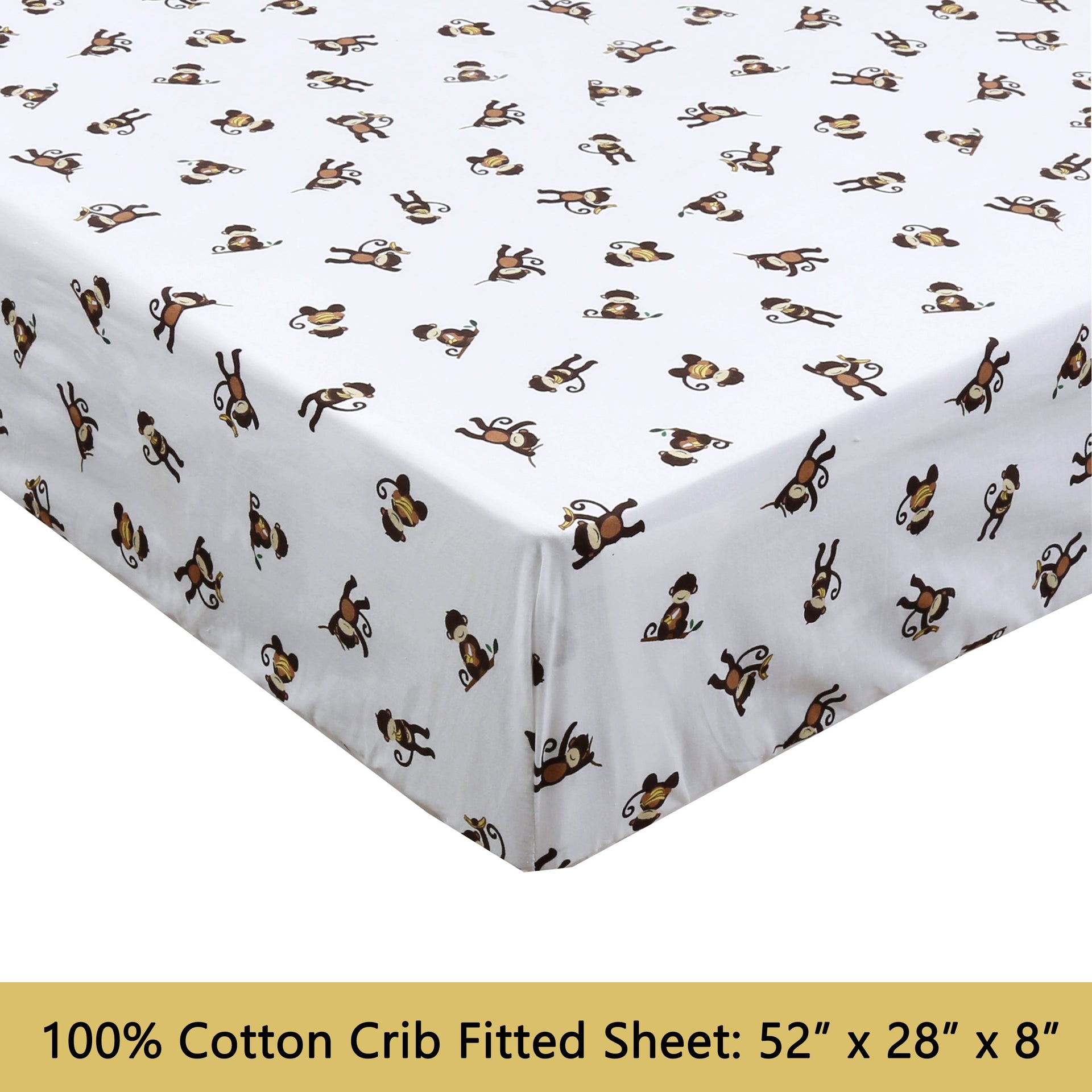 3-Piece Crib/Toddler Cotton Sheet Set White Brown Monkey Around Jungle Bananas