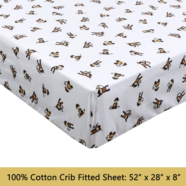 3-Piece Crib/Toddler Cotton Sheet Set White Brown Monkey Around Jungle Bananas