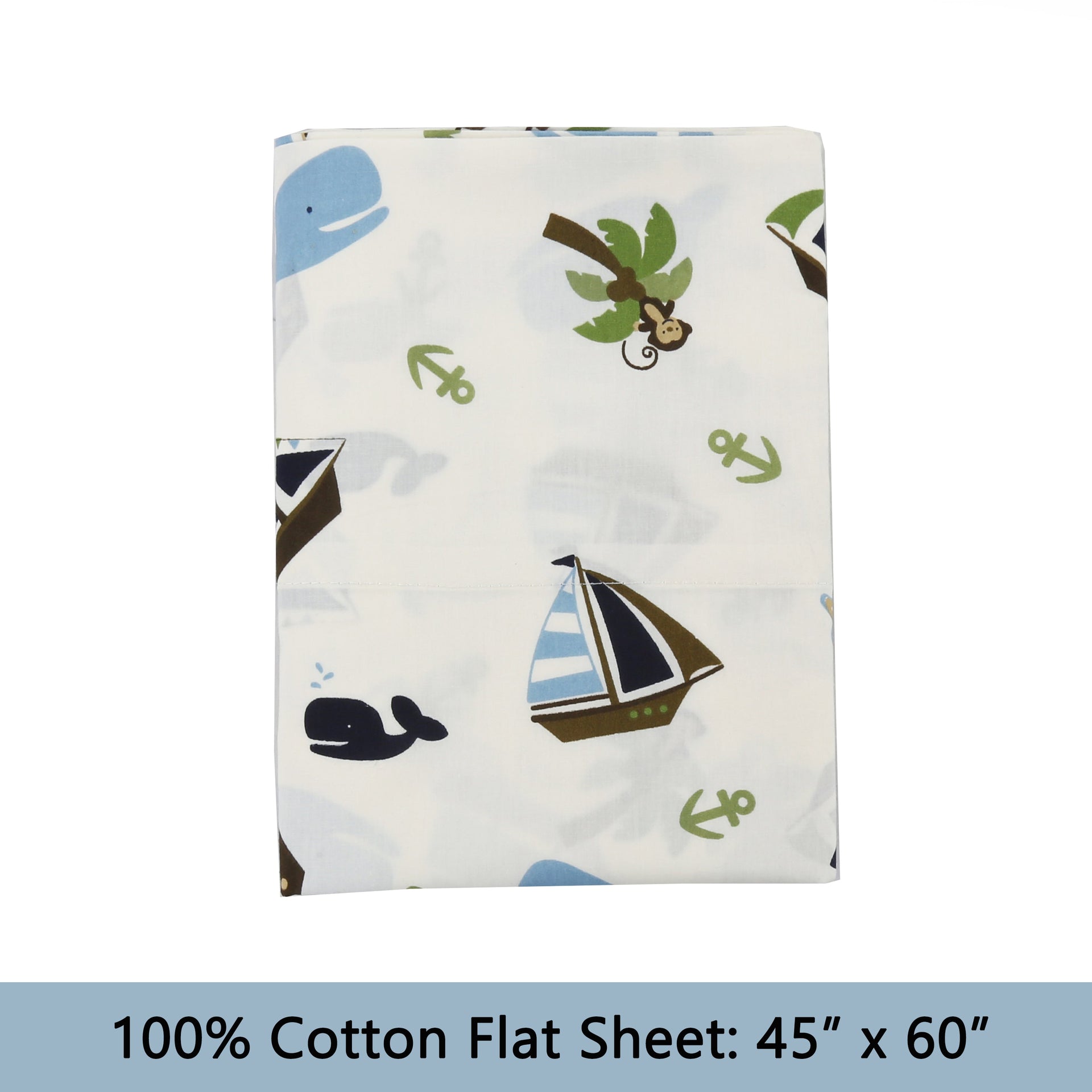 3-Piece Crib/Toddler Cotton Sheet Set White Blue Ocean  Whale Ships Sail Monkey Island