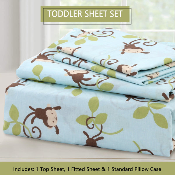 3-Piece Crib/Toddler Cotton Sheet Set Blue Jungle Monkey Tails Swing