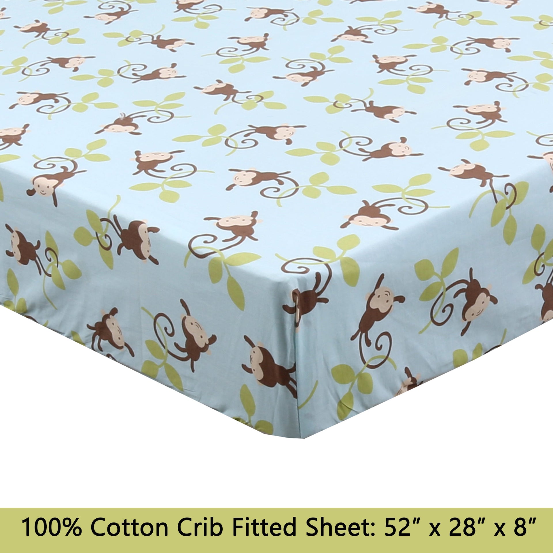 3-Piece Crib/Toddler Cotton Sheet Set Blue Jungle Monkey Tails Swing