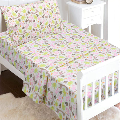 3-Piece Crib/Toddler Cotton Sheet Set Pink Jungle Zoo Animal Friends Giraffe Monkey Elephant Zebra Bird