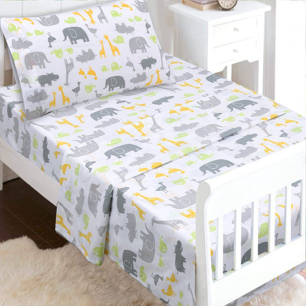 3-Piece Crib/Toddler Cotton Sheet Set Grey Yellow Safari Fun Animals Elephant Giraffe Hippo