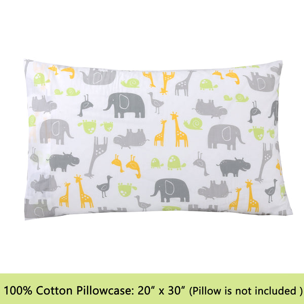 3-Piece Crib/Toddler Cotton Sheet Set Grey Yellow Safari Fun Animals Elephant Giraffe Hippo