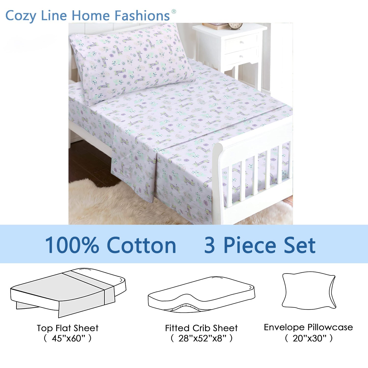 3-Piece Crib/Toddler Cotton Sheet Set Pink Gypsy Floral Spirograph Animals Giraffe Hippo Elephant
