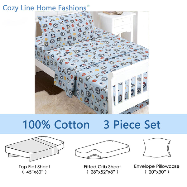3-Piece Crib/Toddler Cotton Sheet Set Blue MVP Sports #32 #24 Basketball Baseball Football