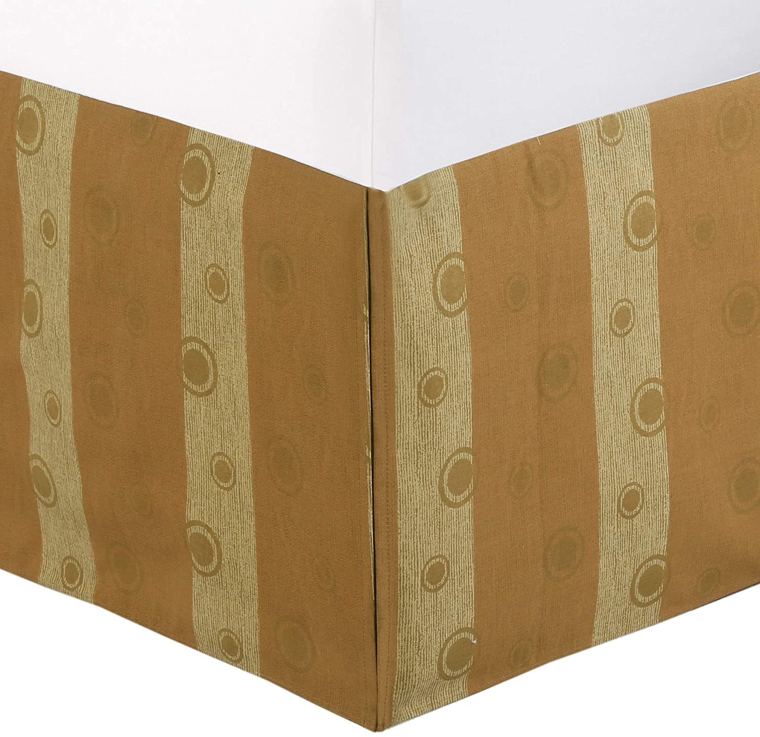 Tailored Bed Skirt Light Brown Tan Striped Circle Pattern Cotton Twill Pleated Dust Ruffle with Split Corners (16