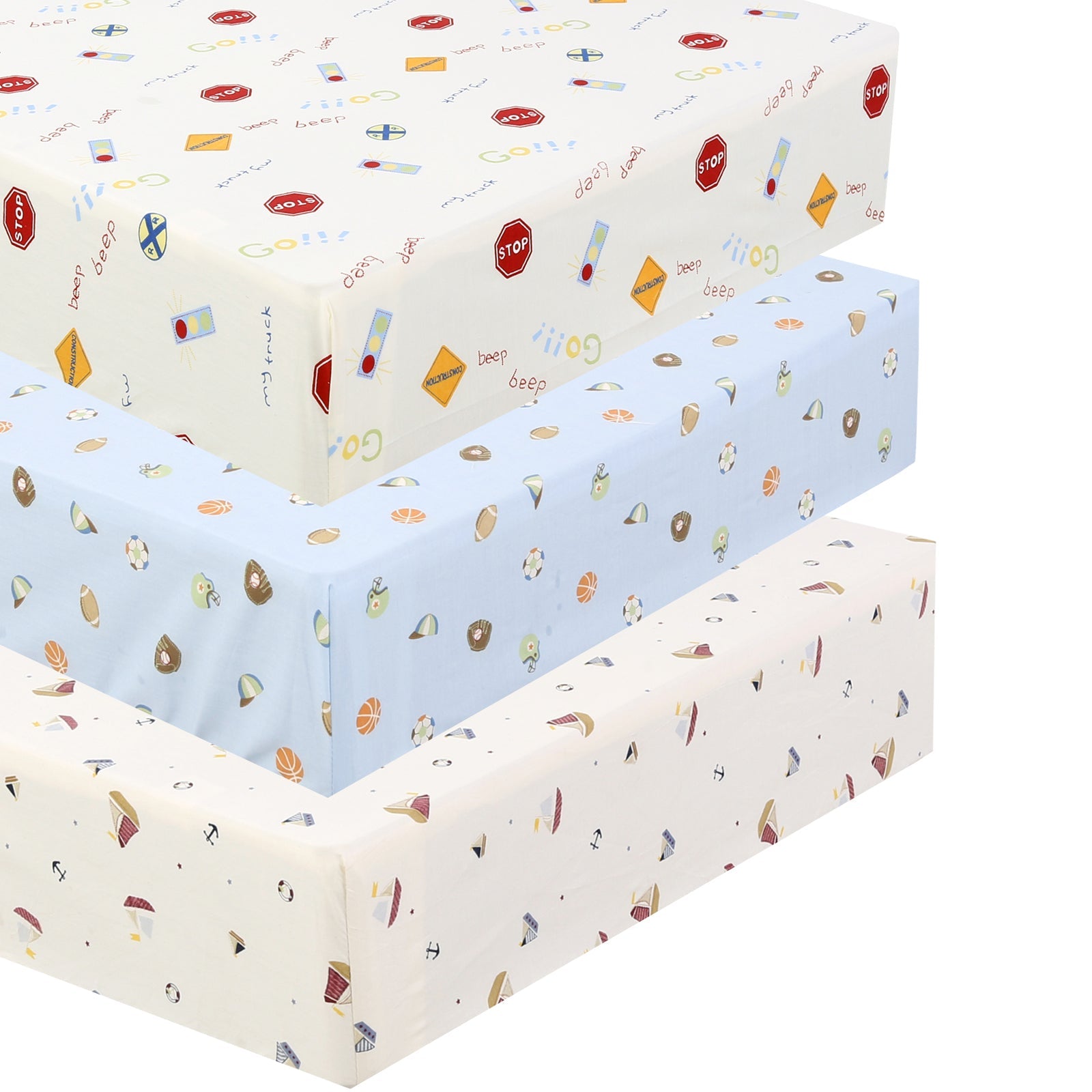 3 Piece Crib/Toddler Cotton Fitted Sheets Colorful Blue Red Sports Boats Transportation Car Signs