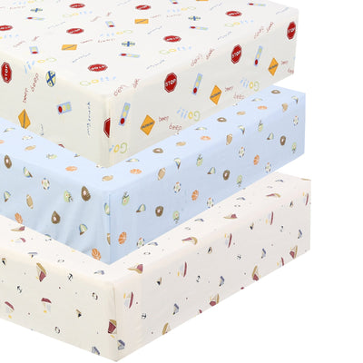 3 Piece Crib/Toddler Cotton Fitted Sheets Colorful Blue Red Sports Boats Transportation Car Signs