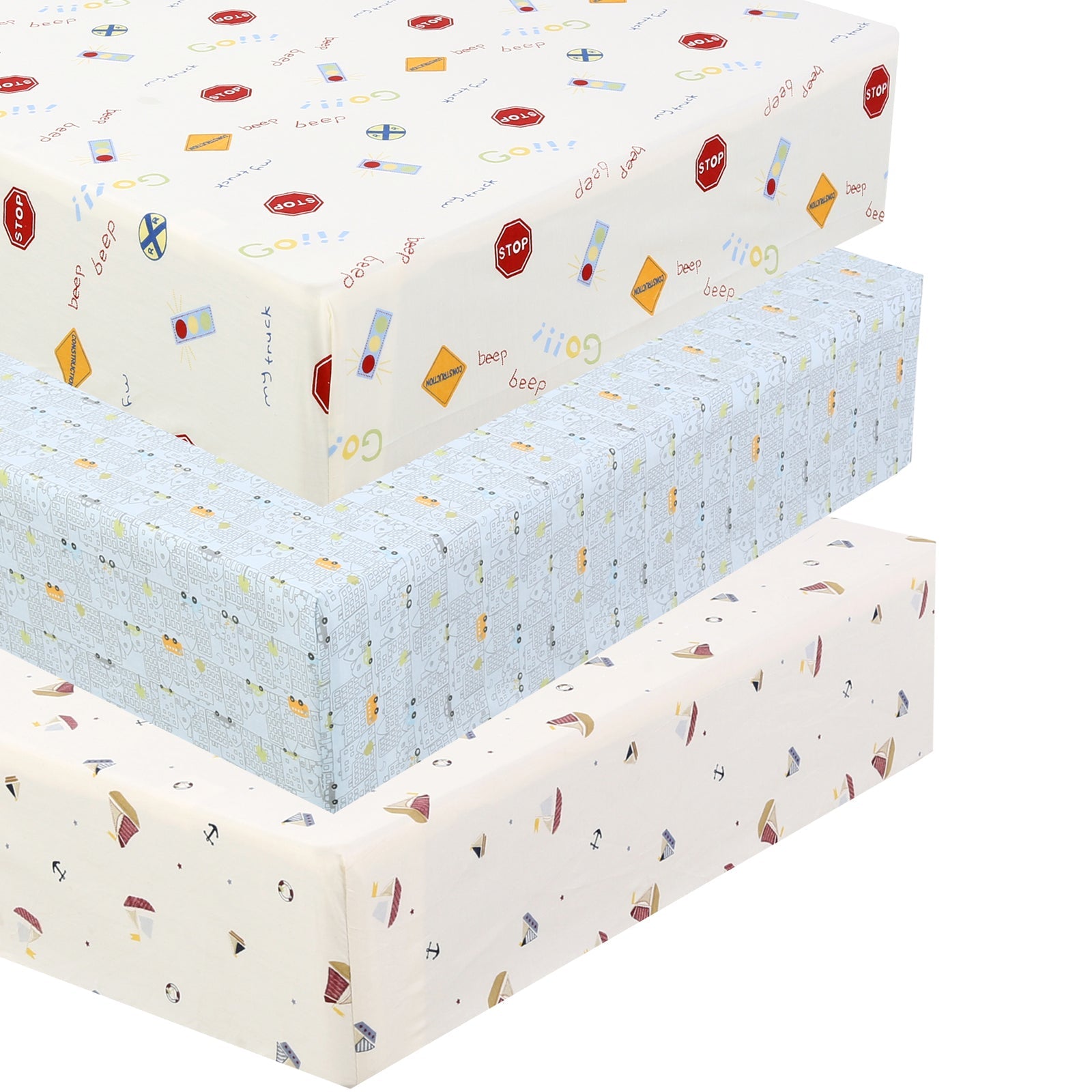 3 Piece Crib/Toddler Cotton Fitted Sheets Colorful Blue Red City Cars Boats Transportation Signs