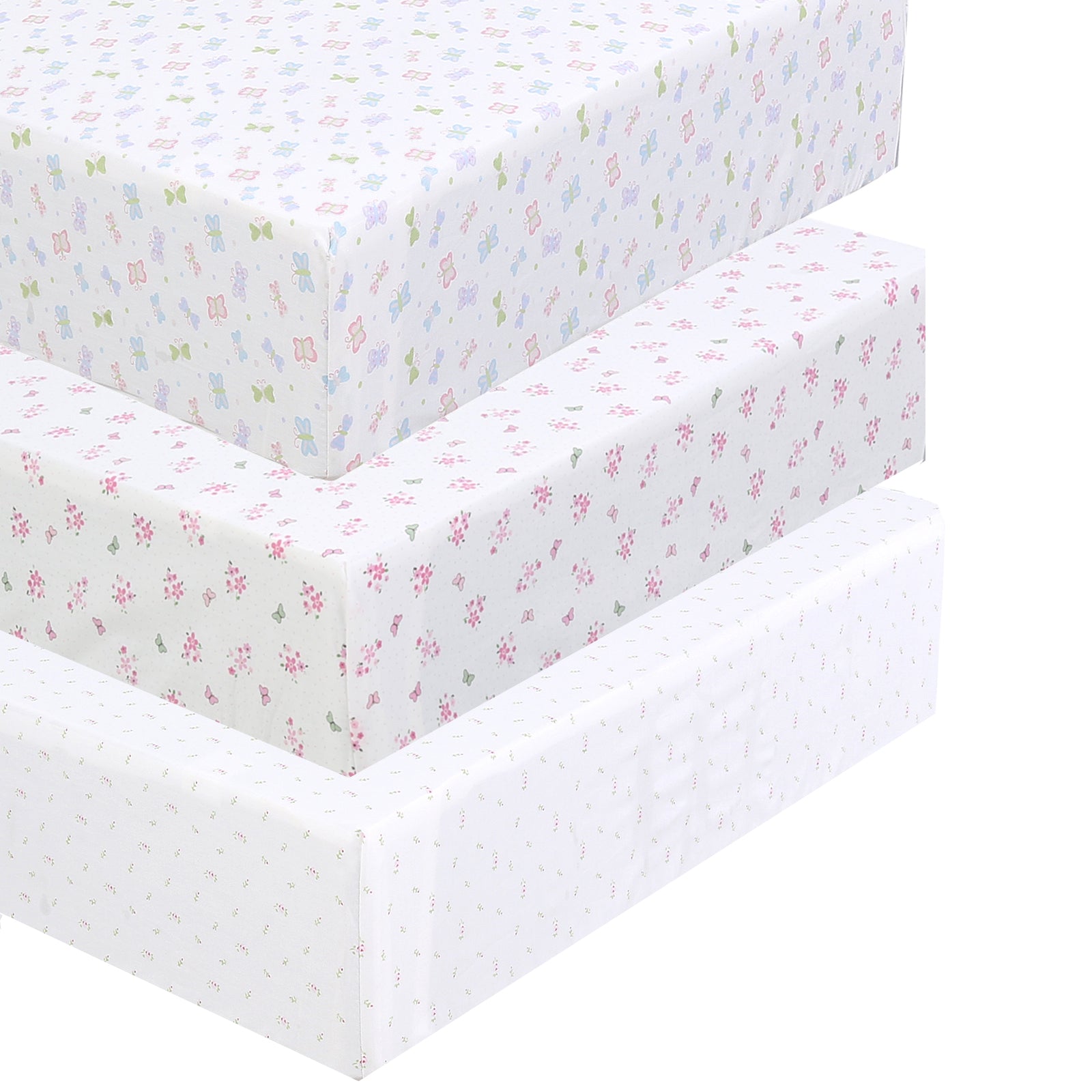 3 Piece Crib/Toddler Cotton Fitted Sheets Pastel Pink Purple Butterfly Floral Blossoms