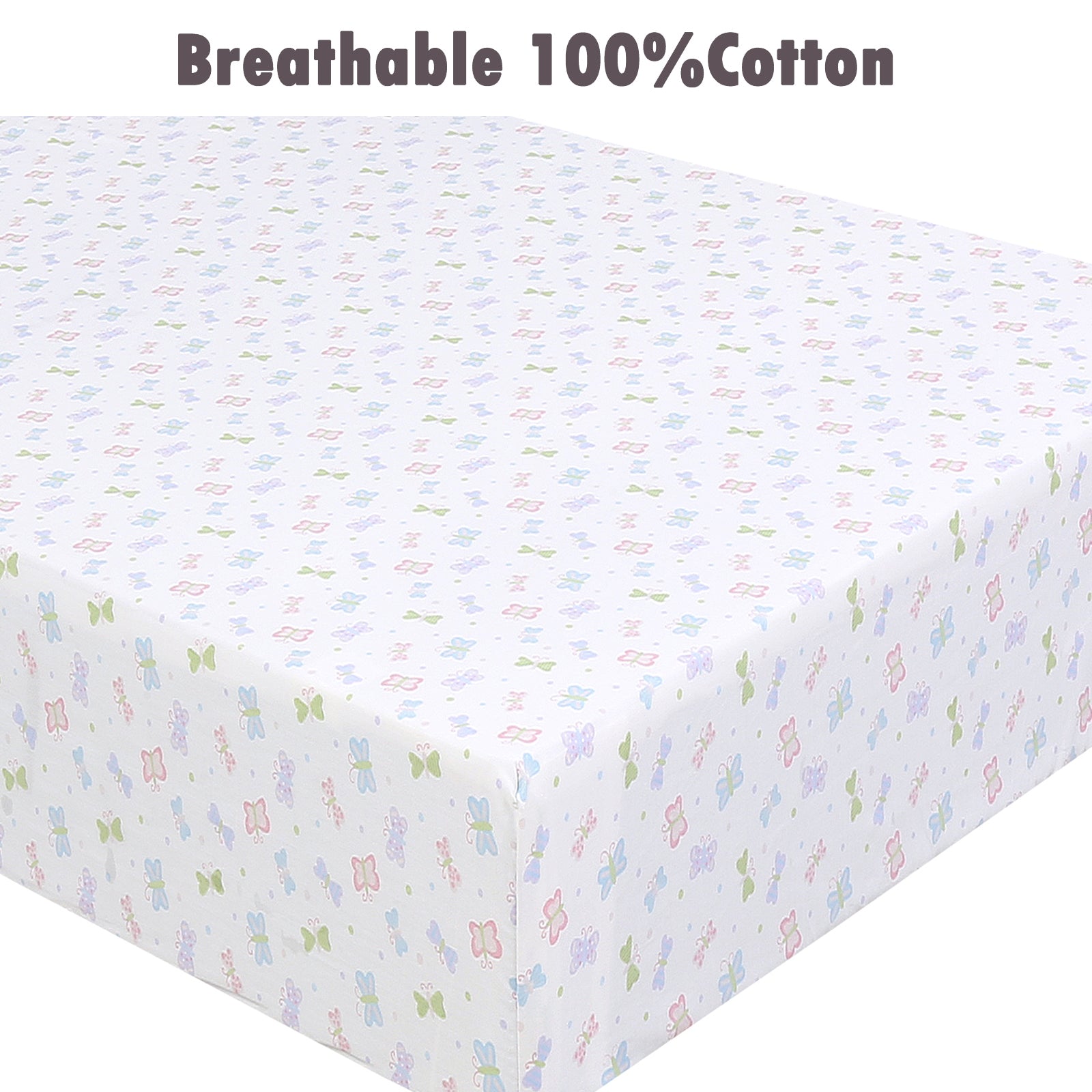 3 Piece Crib/Toddler Cotton Fitted Sheets Pastel Pink Purple Butterfly Floral Blossoms