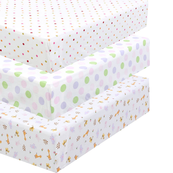 3 Piece Crib/Toddler Cotton Fitted Sheets Colorful Polka Dot Zoo Animal Friends