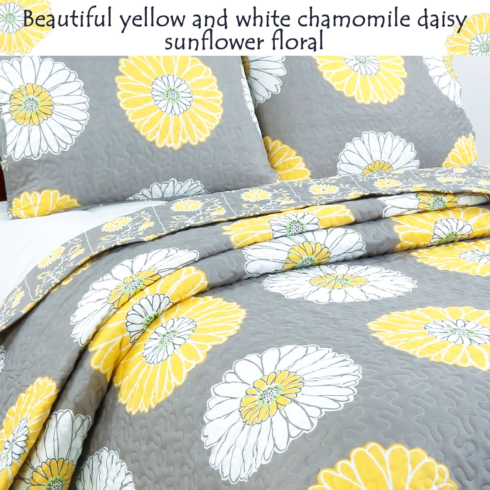 Anya Floral Print Yellow Grey Reversible Quilt Bedding Set
