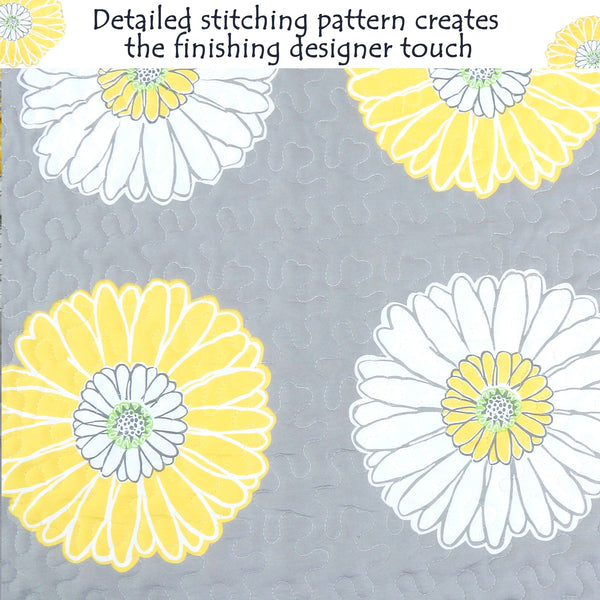 Anya Floral Print Yellow Grey Reversible Quilt Bedding Set