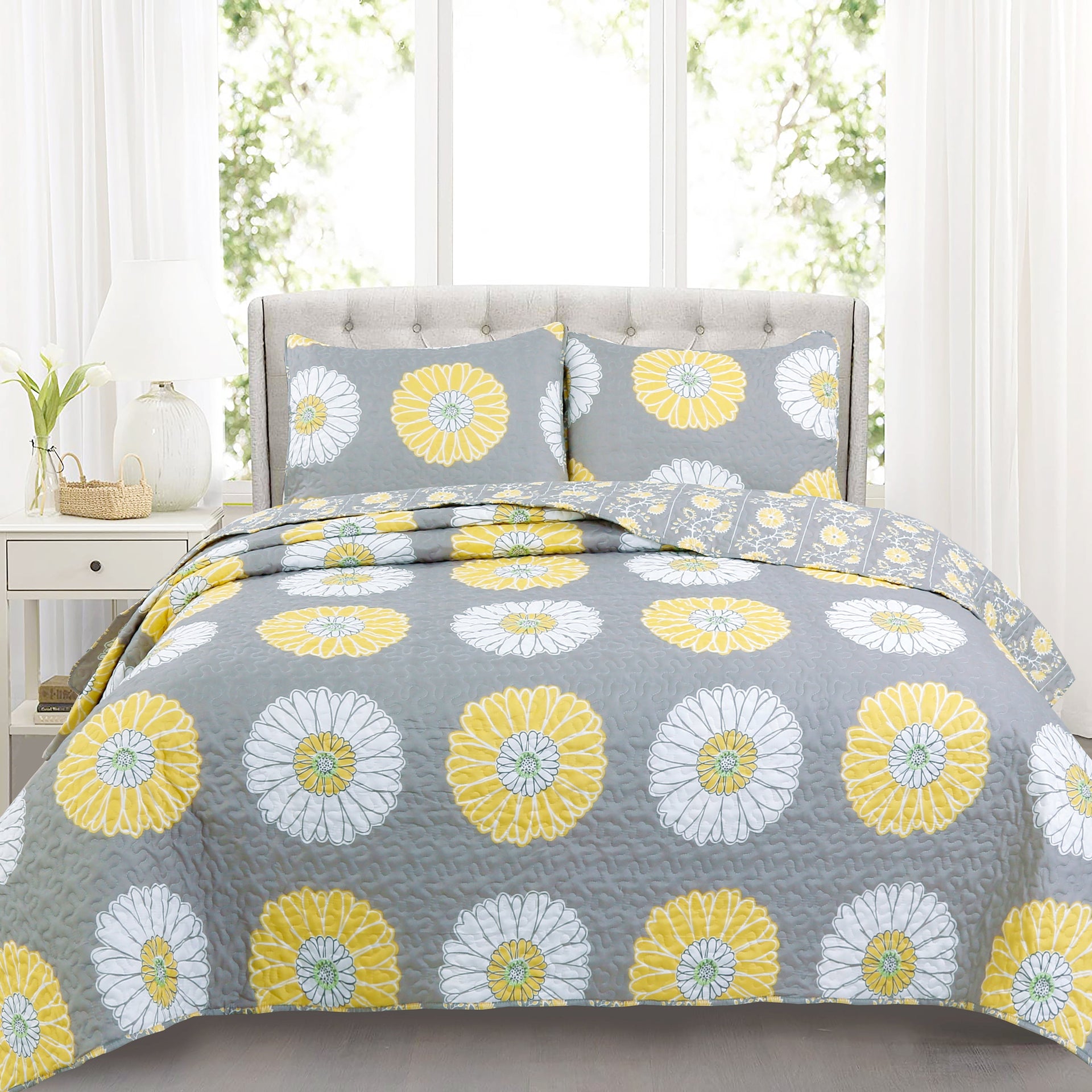 Anya Floral Print Yellow Grey Reversible Quilt Bedding Set