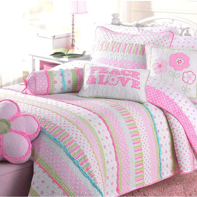 Greta Floral Stripe Pink Round Ruffle Bolster Decor Throw Pillow