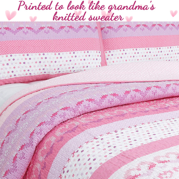 Butterfly Fairisle Pink Purple Striped Sweater Print Cotton Reversible Quilt Bedding Set