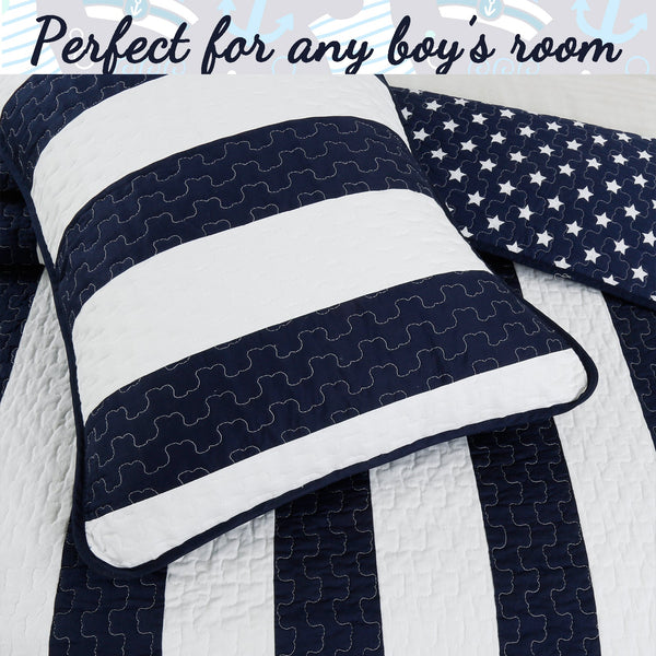 Ameristar Sailor Blue & White Striped Cotton Reversible Quilt Bedding Set