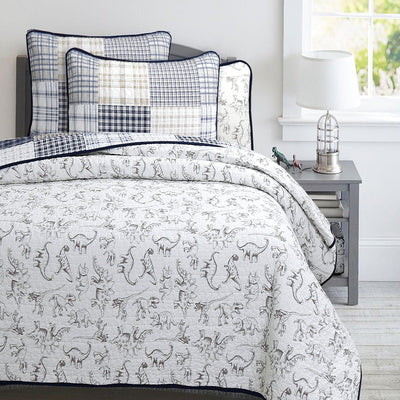 Benjamin Dinosaur Blue Brown Plaid Print Patchwork Cotton Reversible Quilt Bedding Set
