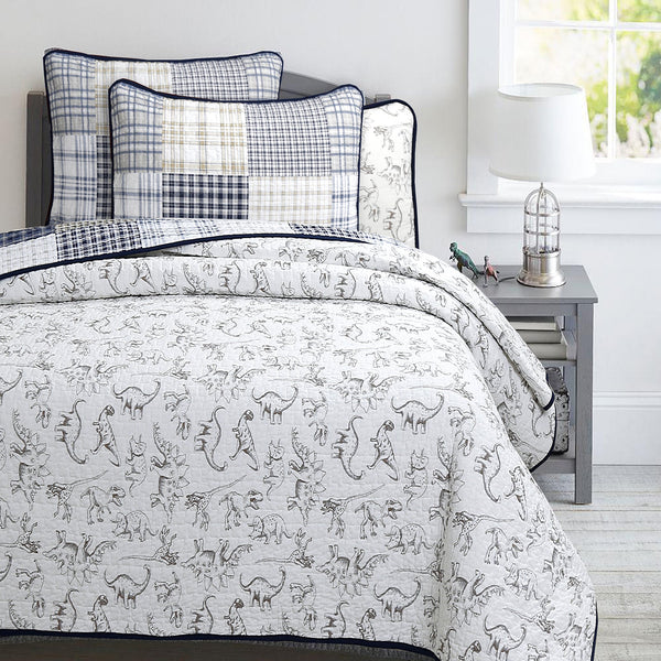 Benjamin Dinosaur Blue Brown Plaid Print Patchwork Cotton Reversible Quilt Bedding Set