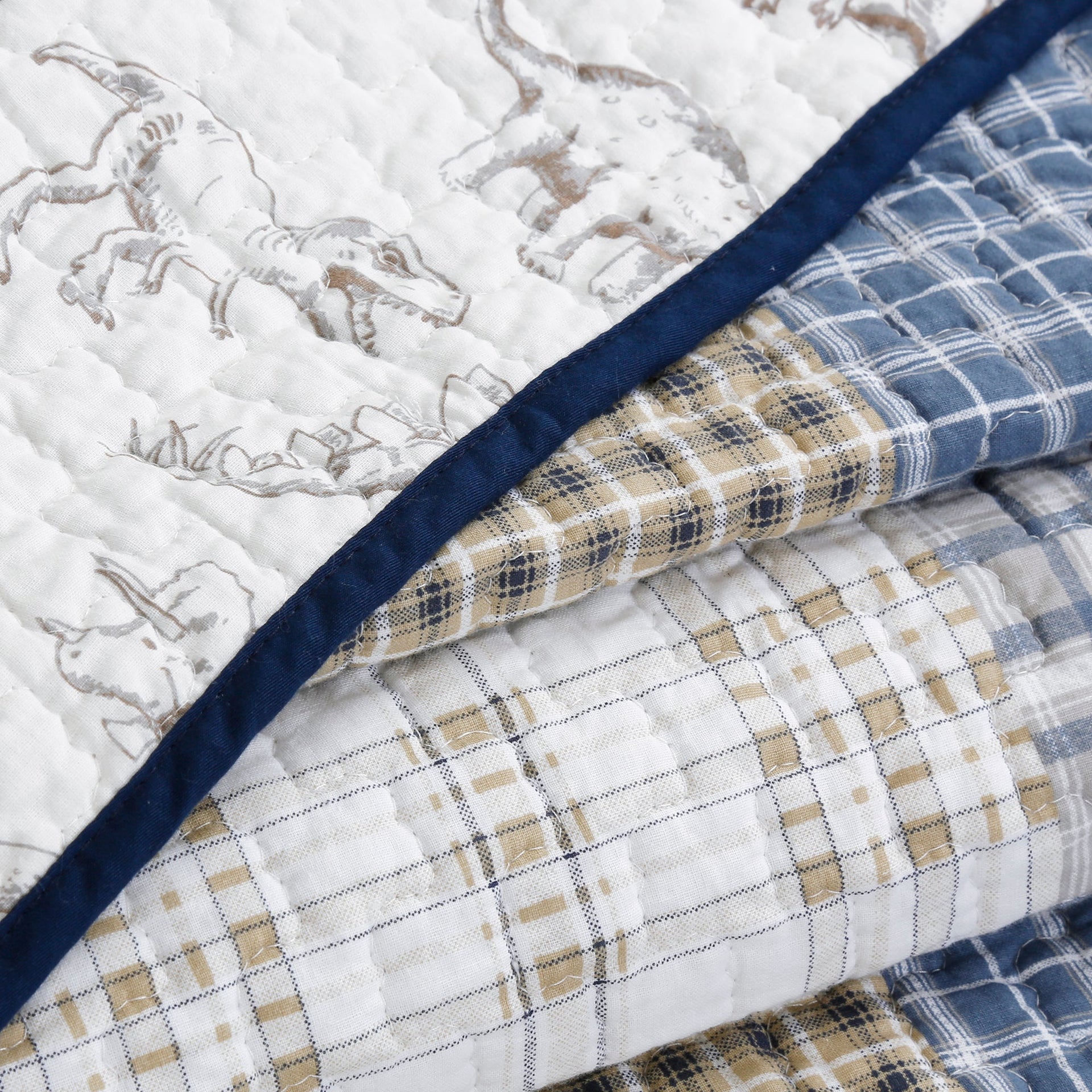 Benjamin Dinosaur Blue Brown Plaid Print Patchwork Cotton Reversible Quilt Bedding Set