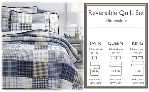 Benjamin Dinosaur Blue Brown Plaid Print Patchwork Cotton Reversible Quilt Bedding Set