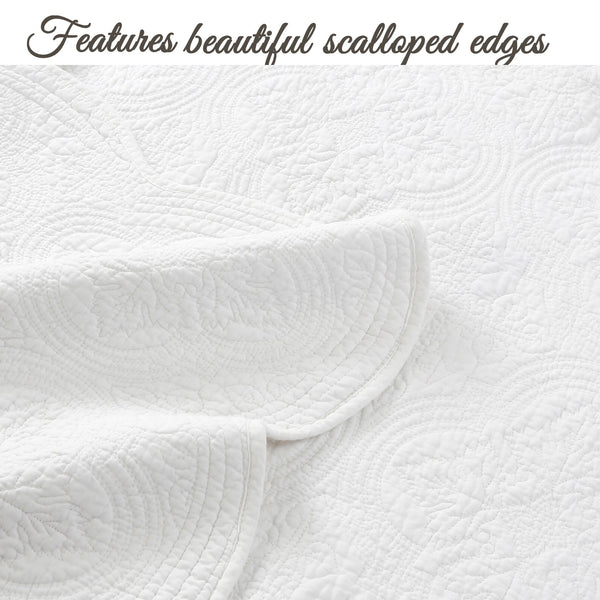 Serenity White Victorian Scalloped Medallion Floral Pure Solid Cotton Reversible Quilt Bedding Set