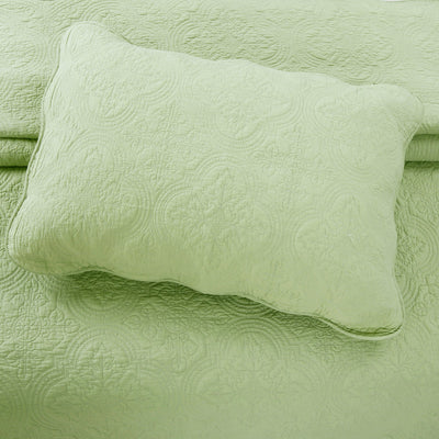 Serenity Green Victorian Scalloped Medallion Floral Pure Solid Cotton Reversible Quilt Bedding Set