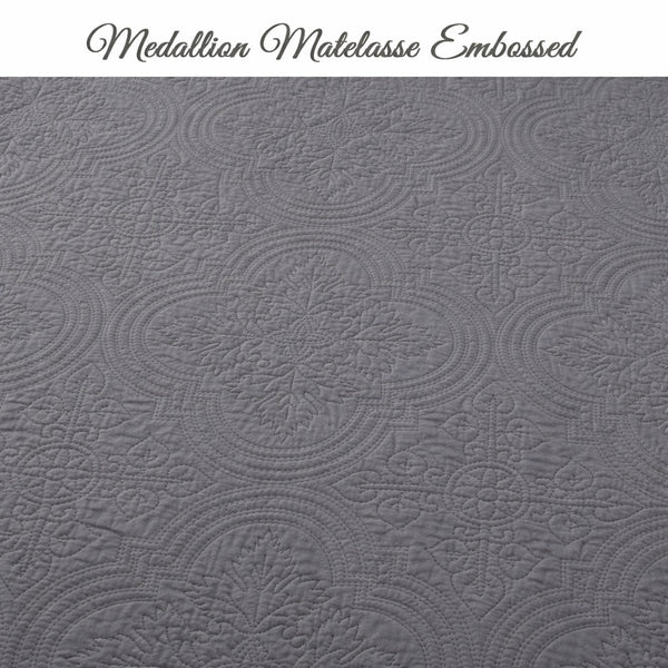 Serenity Gray Victorian Scalloped Medallion Pure Solid Cotton Reversible 3 Piece Quilt Bedding Set