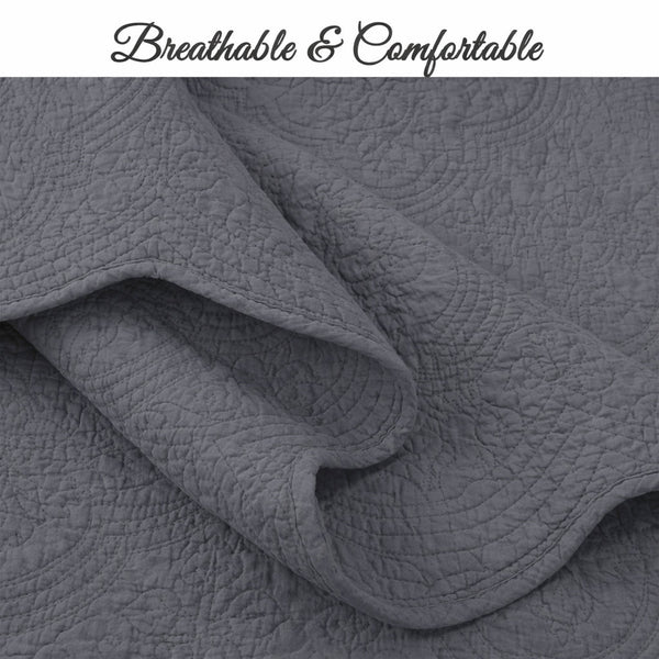 Serenity Gray Victorian Scalloped Medallion Pure Solid Cotton Reversible 3 Piece Quilt Bedding Set