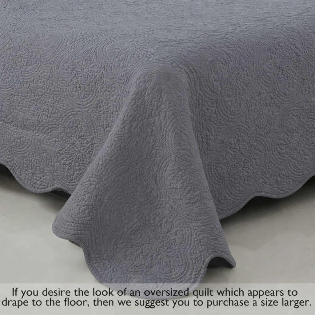 Serenity Gray Victorian Scalloped Medallion Pure Solid Cotton Reversible 3 Piece Quilt Bedding Set