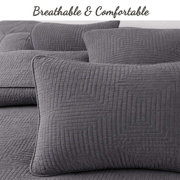 Maze Gray Solid 3 Piece Cotton Quilt Bedding Set