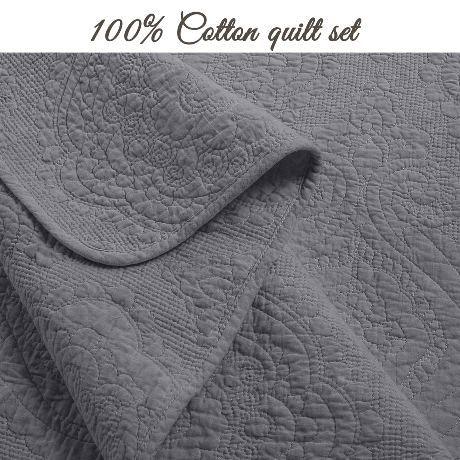 Solid Gray Chic Brocade Matelassé Medallion Floral 3 Piece Cotton Reversible Quilt Bedding Set