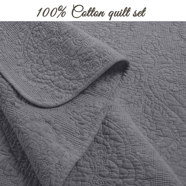 Solid Gray Chic Brocade Matelassé Medallion Floral 3 Piece Cotton Reversible Quilt Bedding Set