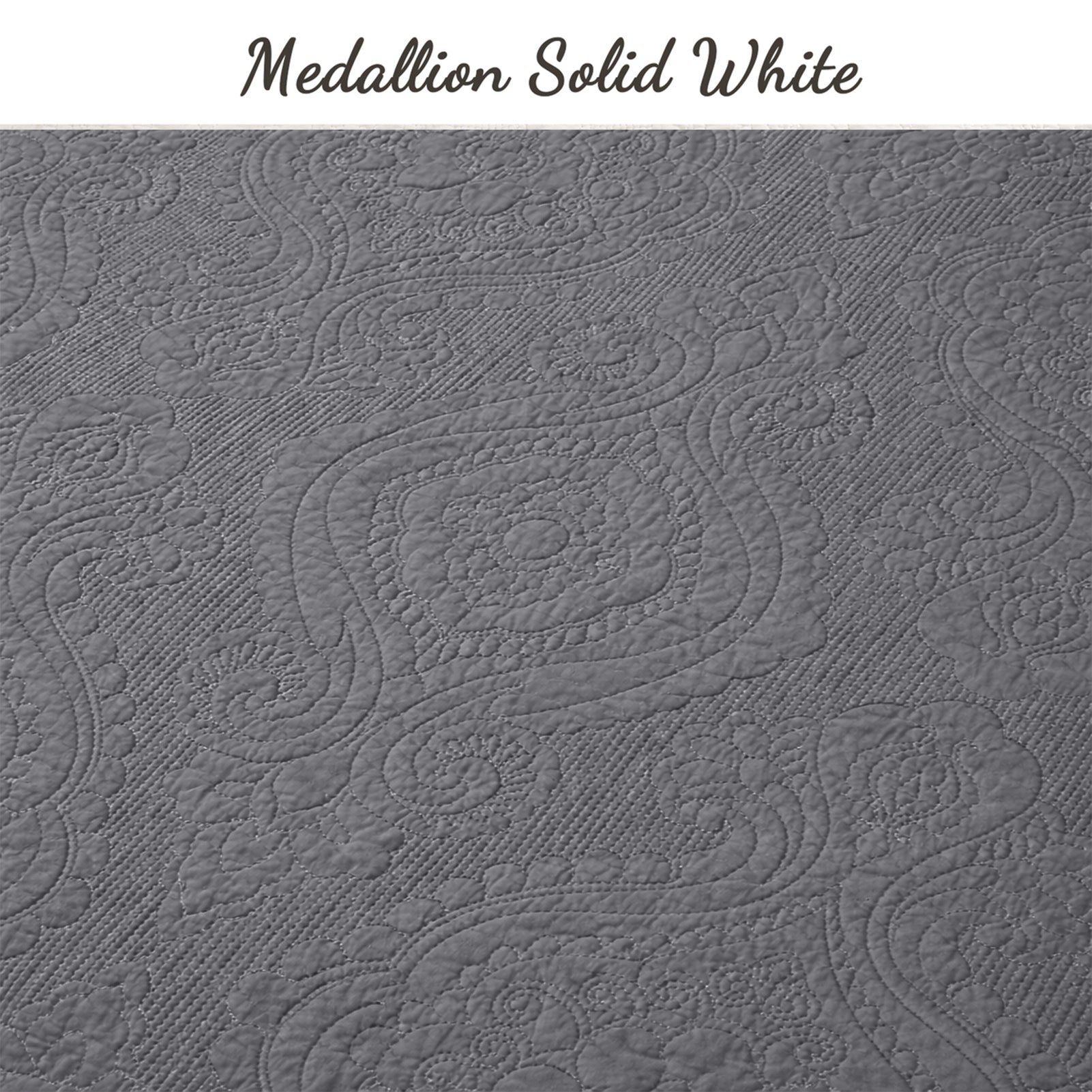 Solid Gray Chic Brocade Matelassé Medallion Floral 3 Piece Cotton Reversible Quilt Bedding Set