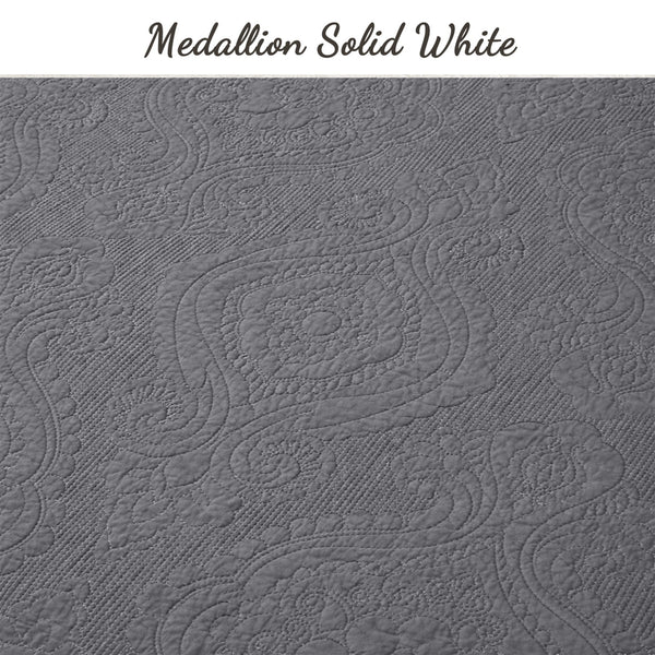 Solid Gray Chic Brocade Matelassé Medallion Floral 3 Piece Cotton Reversible Quilt Bedding Set