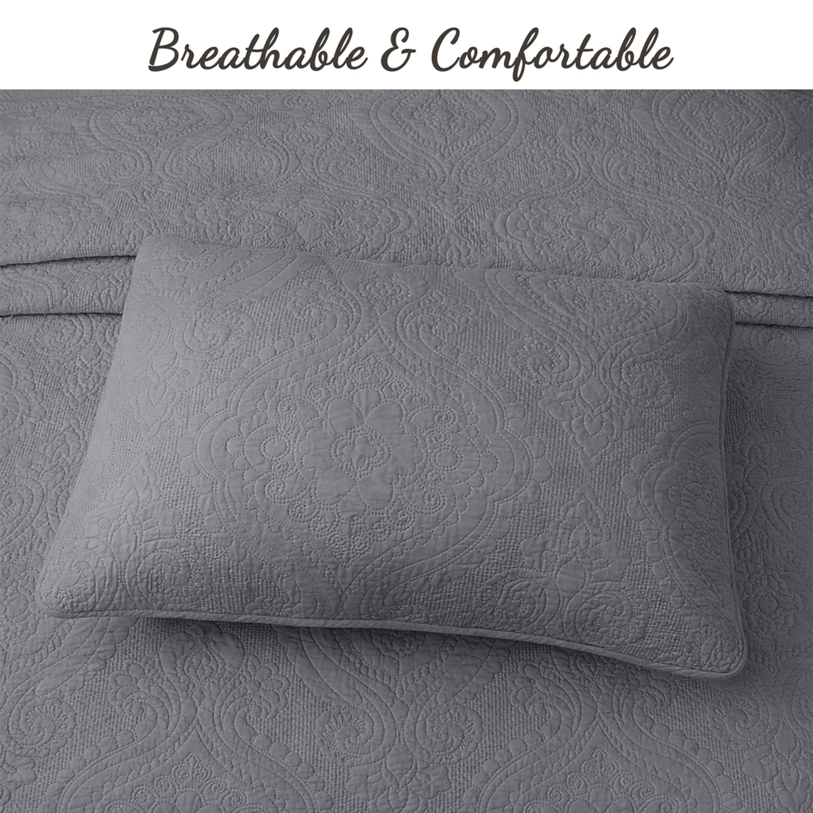 Solid Gray Chic Brocade Matelassé Medallion Floral 3 Piece Cotton Reversible Quilt Bedding Set