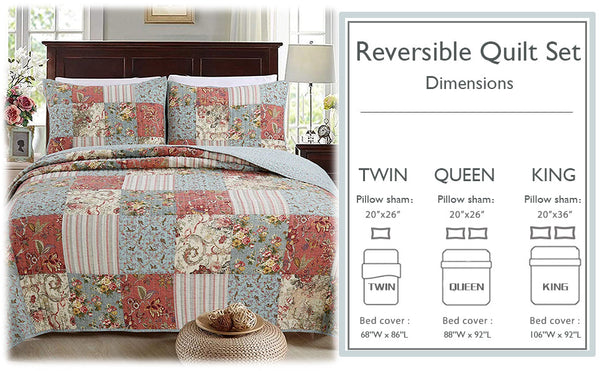 Eleanor Real Patchwork Floral Stripe 3-Piece Cotton Reversible Quilt Bedding Set
