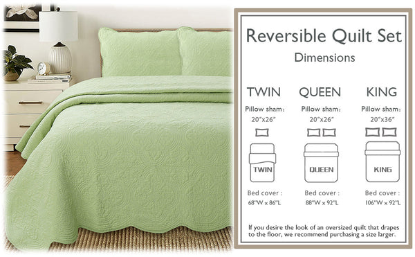 Serenity Green Victorian Scalloped Medallion Floral Pure Solid Cotton Reversible Quilt Bedding Set