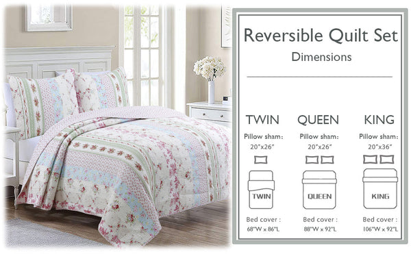 Wild Rose Enchantment Floral Bloom Garden Stripe Real Patchwork Reversible Quilt Bedding Set