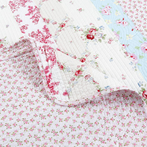 Wild Rose Enchantment Floral Bloom Garden Stripe Real Patchwork Reversible Quilt Bedding Set