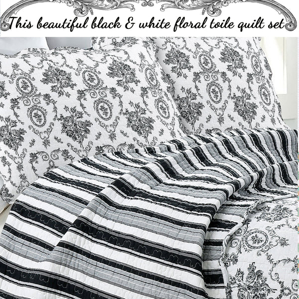 French Medallion Black Scalloped Edge Cotton 3-piece Reversible Quilt Bedding Set