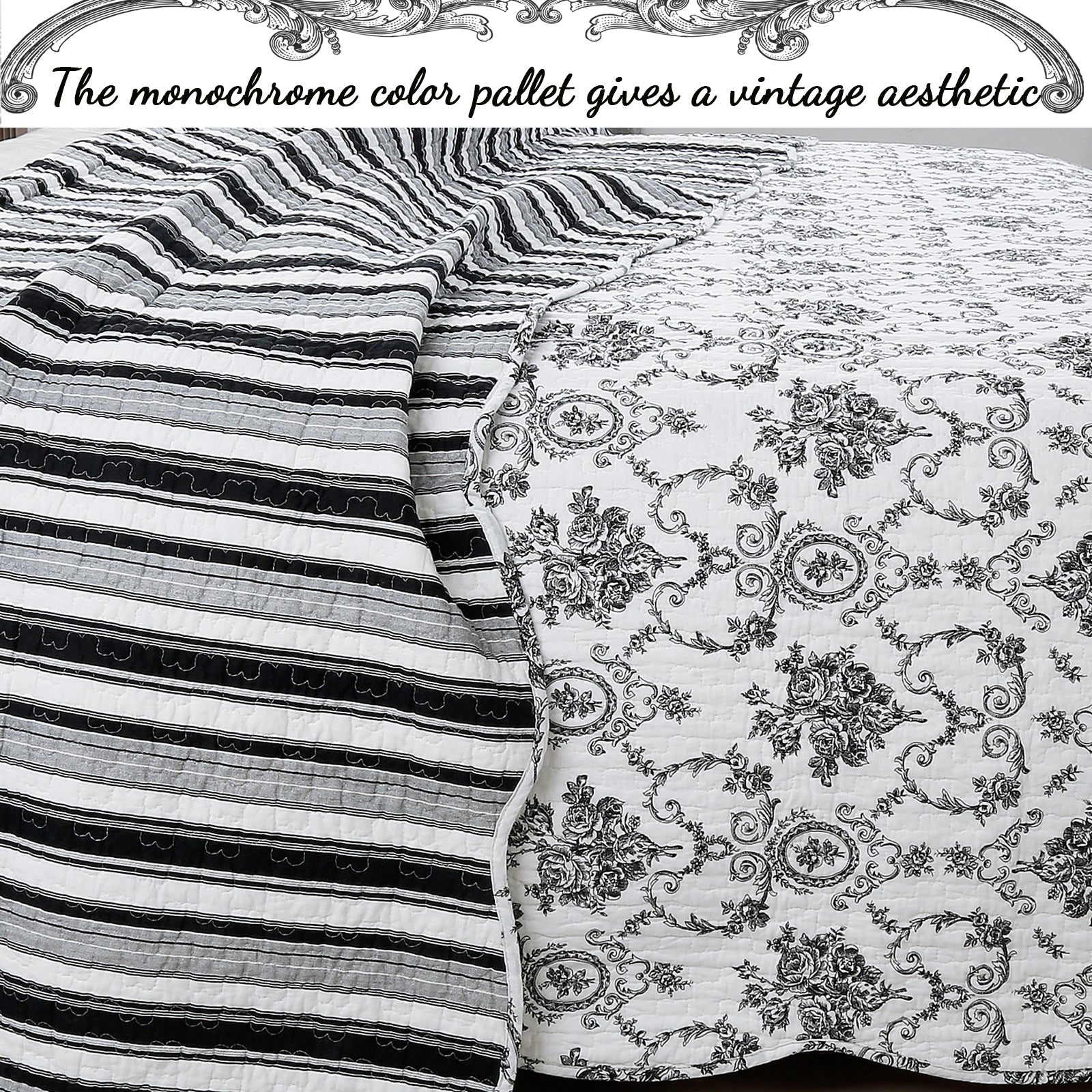 French Medallion Black Scalloped Edge Cotton 3-piece Reversible Quilt Bedding Set