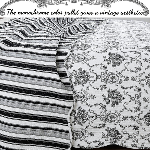 French Medallion Black Scalloped Edge Cotton 3-piece Reversible Quilt Bedding Set