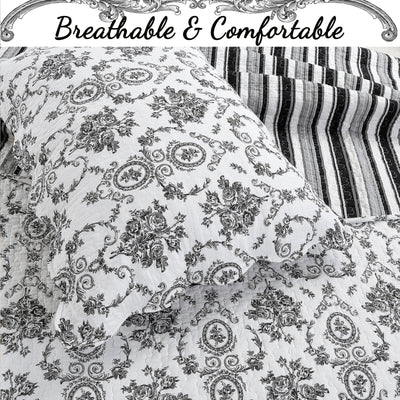 French Medallion Black Scalloped Edge Cotton 3-piece Reversible Quilt Bedding Set