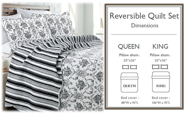 French Medallion Black Scalloped Edge Cotton 3-piece Reversible Quilt Bedding Set